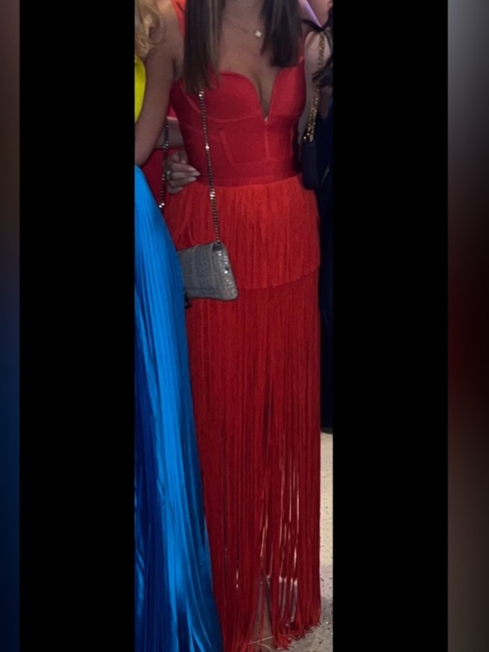 Hervé Léger Red Fringe Maxi Dress with Bustier Couture Cut Neckline - Picture 2 of 4